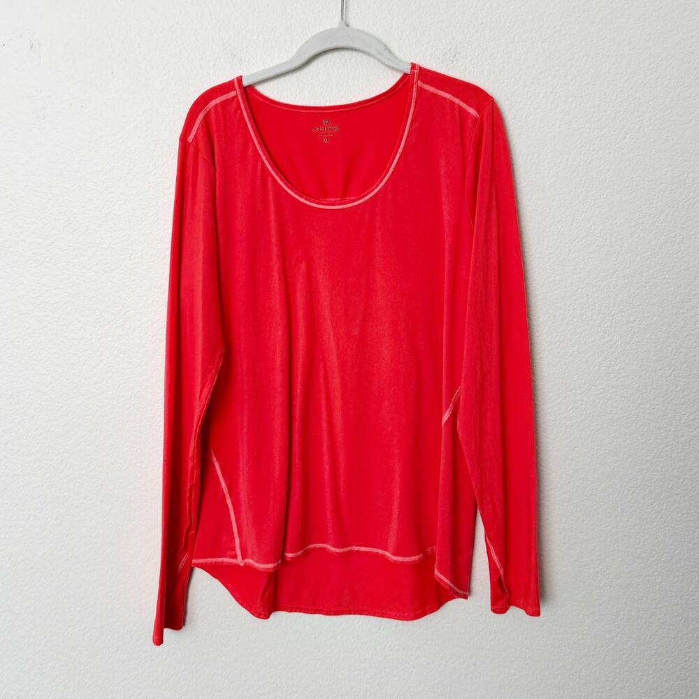 [Athleta] Neon Coral Pink Scoop Neck Long Sleeve Workout Top Thumbholes Size XL